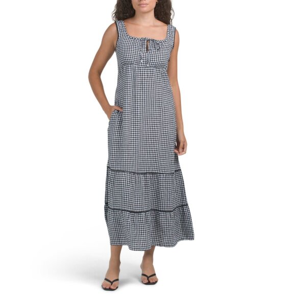 CYNTHIA ROWLEY Black Linen Gingham Smocked Back Maxi Dress